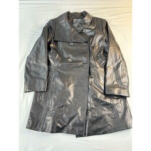 Calvin Klein Leather Trench Coat Women Black Button Front Long Jacket large